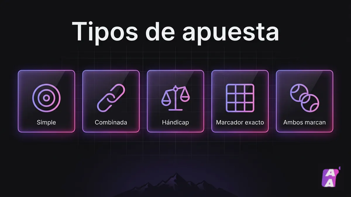 Comparación de cinco tipos de apuesta deportiva en tarjetas digitales con luces moradas y rosadas en Apuestalo