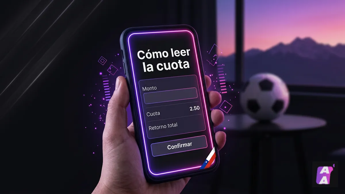 Pantalla de celular mostrando un boleto de apuestas con cuotas decimales de ejemplo, luces moradas y rosadas en Apuestalo