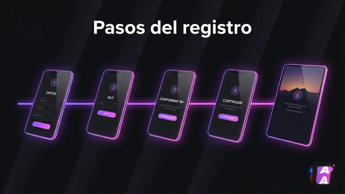 Secuencia de cinco pantallas que muestran los pasos del formulario de registro en Apuestalo Chile con acentos morado y rosado