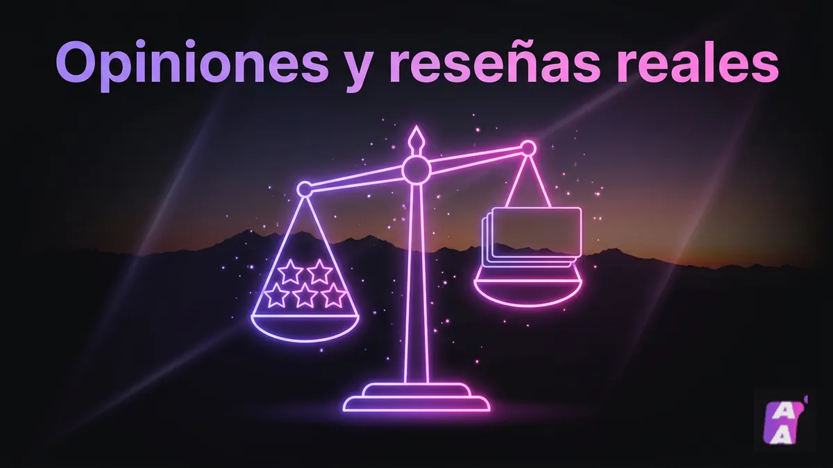 Balanza de luz con estrellas y reseñas que representa las opiniones de usuarios sobre Apuestalo Chile, acentos morado y rosado
