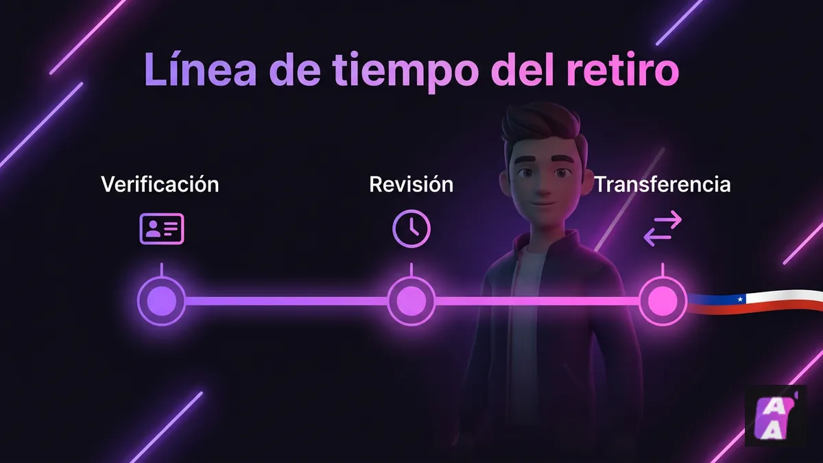 Línea de tiempo con los pasos de verificación, revisión y transferencia de un retiro en Apuestalo Chile