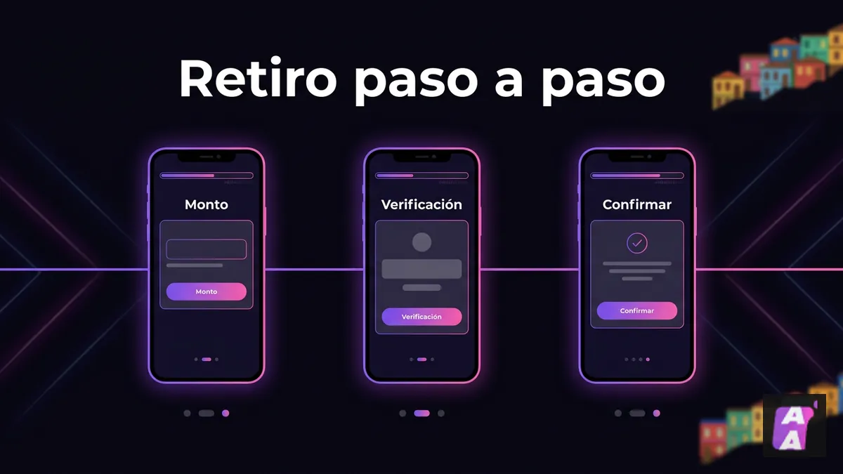 Tres pantallas de celular mostrando los pasos para retirar dinero en Apuestalo: monto, verificación y confirmación